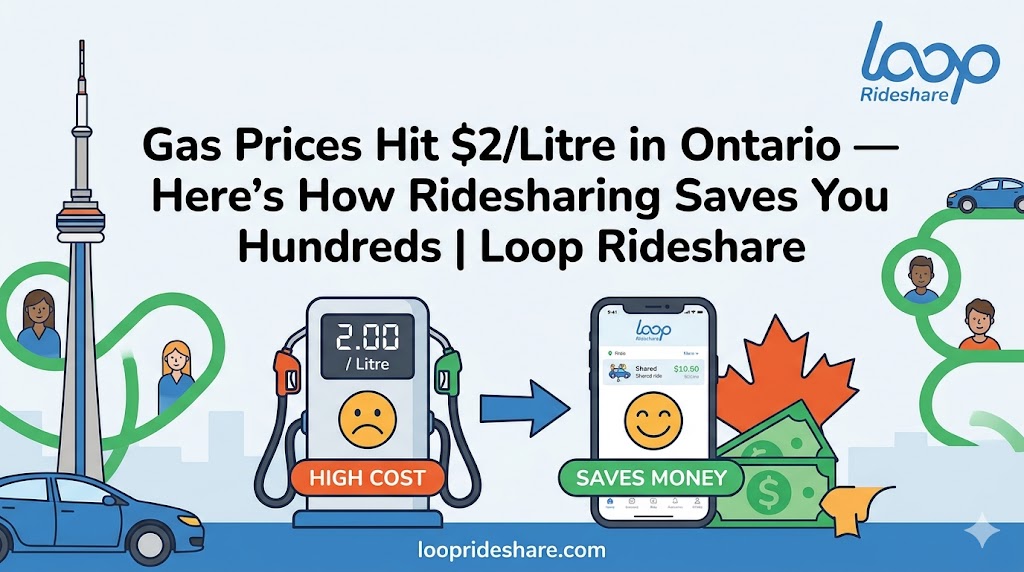 A blog header graphic for Loop Rideshare in Ontario shows a gas pump with high prices ($2/Litre) contrasted against a smartphone app. The app indicates how ridesharing with Loop saves users hundreds of dollars, visualised with money icons and a happy face.